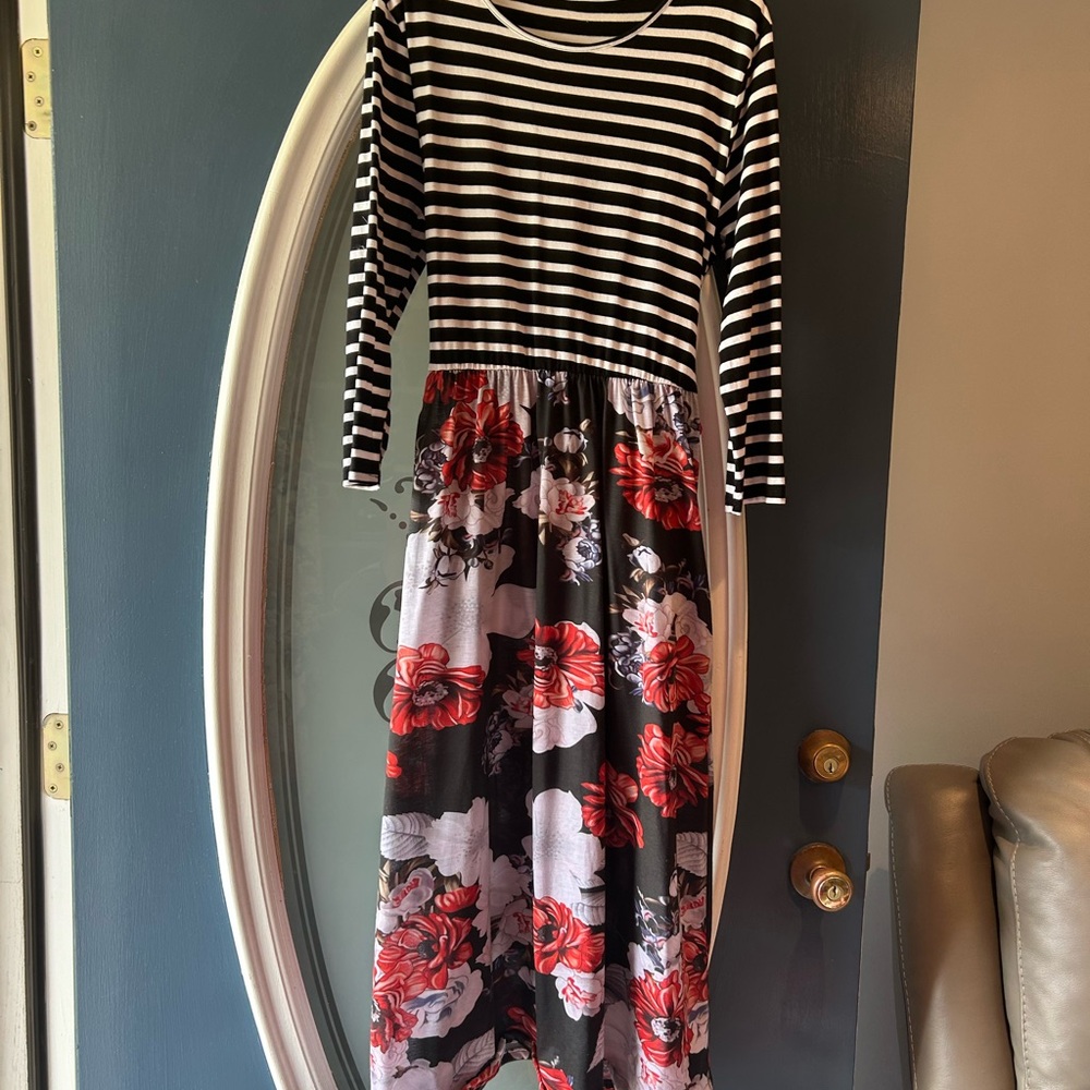 SHEIN Black and White Striped Floral Dress